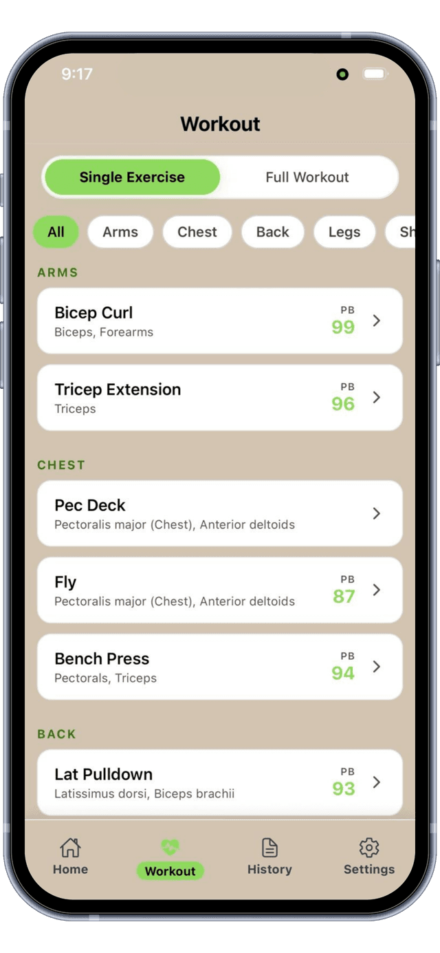 Single exercise selection screen