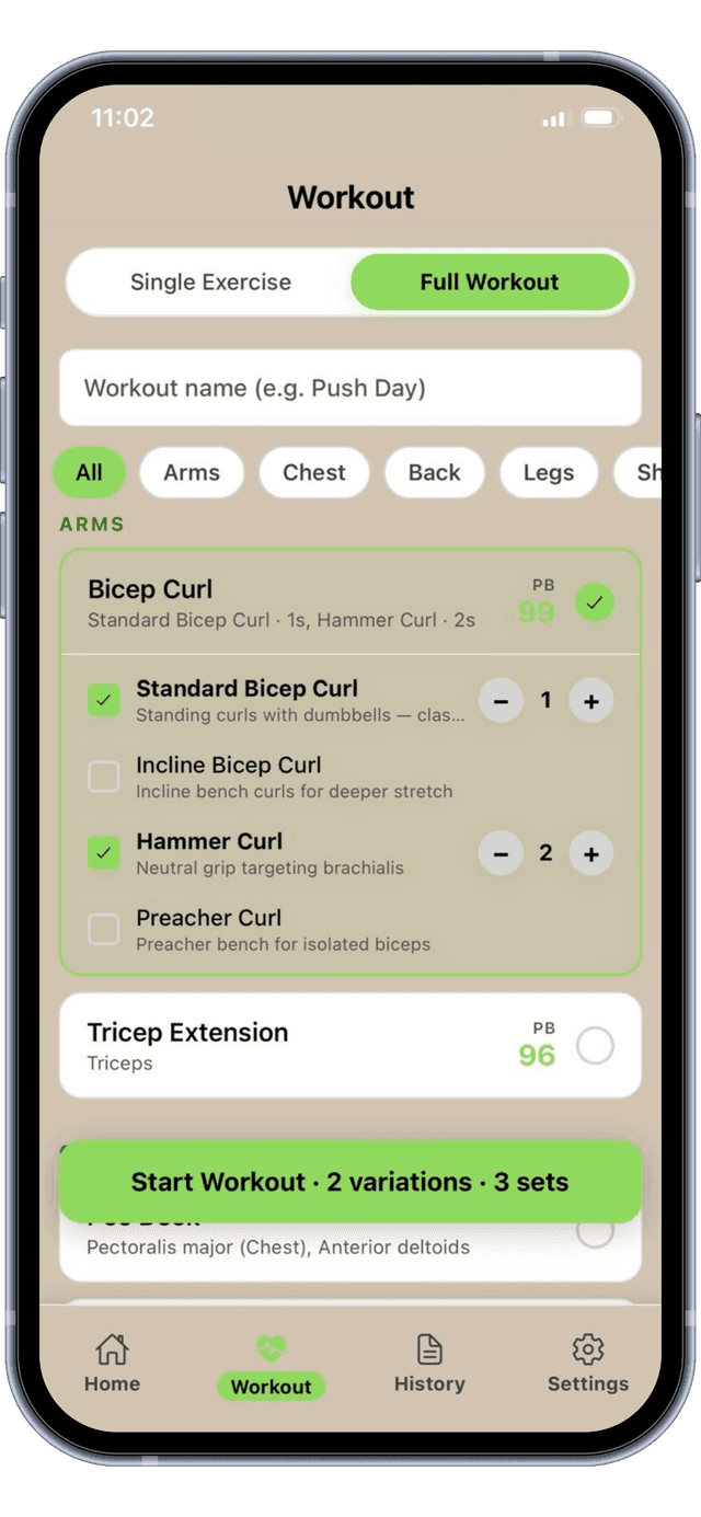 Multi-exercise workout builder screen
